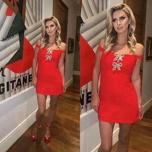 NWOT SELF-PORTRAIT Bow-Detail Mini Crepe Dress Red Size 6 US